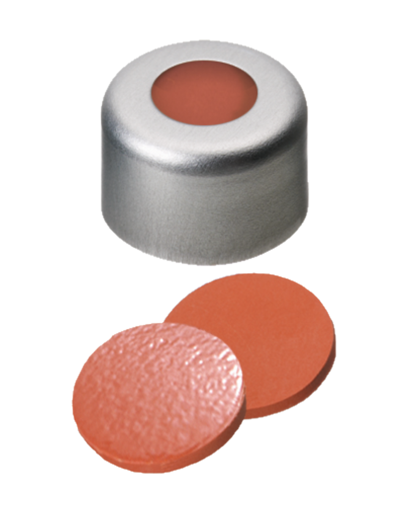 neochrom® Alu-Bördelverschluss ND8 farblos m. Loch, Naturkautschuk rot-or./TEF transparent AGILENT-Qualität 100 Stk./VE | Art. Nr. 70610