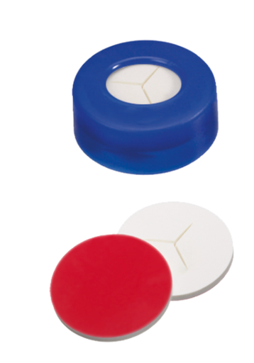 [EC1044] neochrom Schraubkappe glatt (blau), 9 mm, rotes PTFE/weisses Silikon geschlitzt Art.nr. EC1044